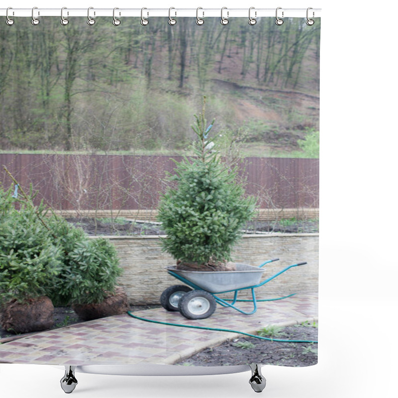 Personality  Planting Trees In Soil, Site Planning, Landscape. Brown Metal Fence Background Shower Curtains