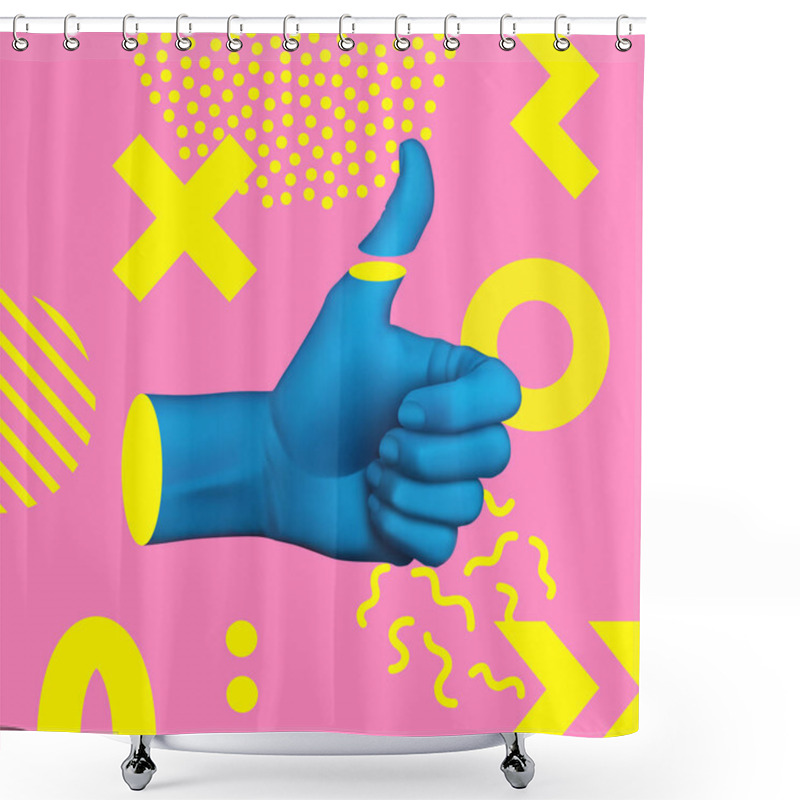 Personality  Contemporary Art Collage With Hand Showing Thumb Up. Minimal Art, 3d Illustration. Shower Curtains