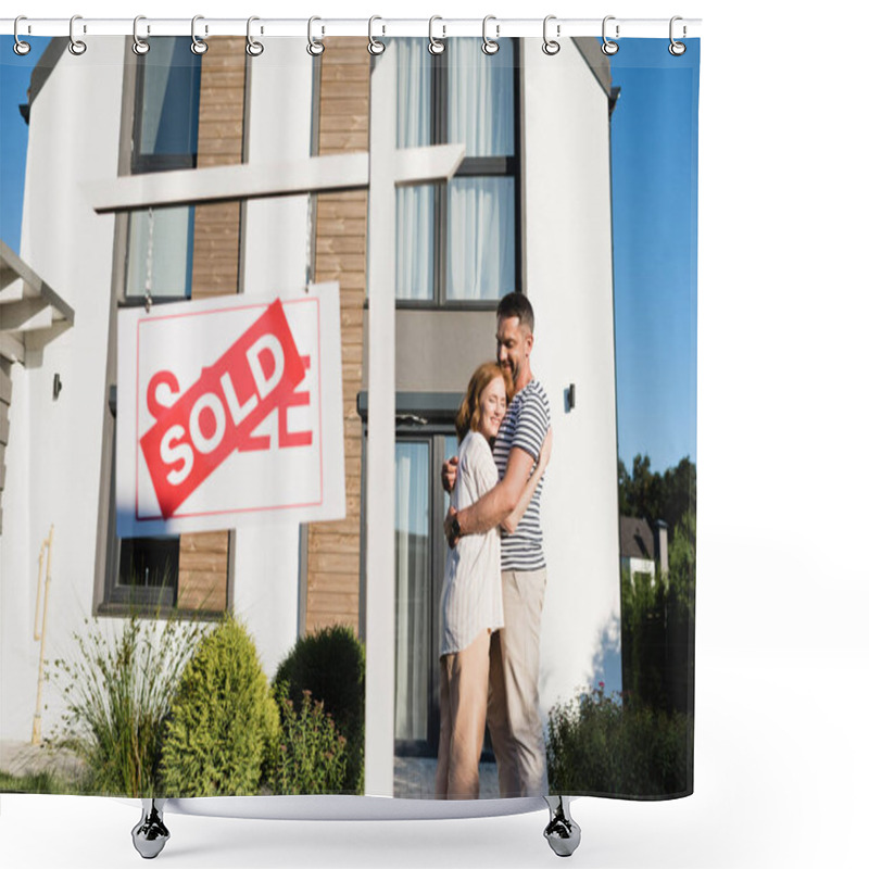 Personality  Happy Couple Embracing While Standing Near Sign With Sold Lettering On Foreground Shower Curtains