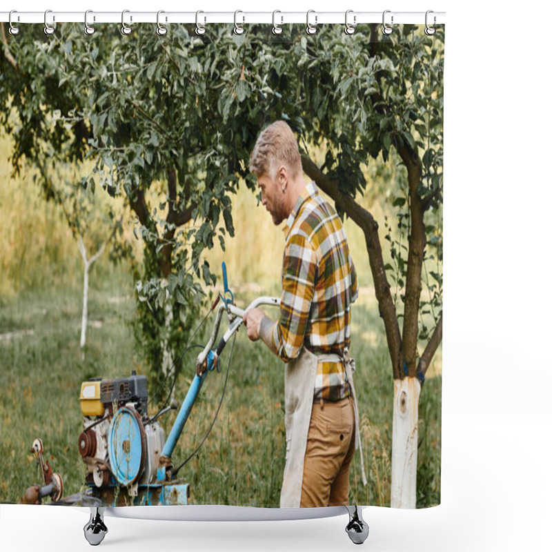 Personality  Handsome Bearded Man In Casual Attire With Tattoos Using Lawnmower While In Garden On His Farm Shower Curtains