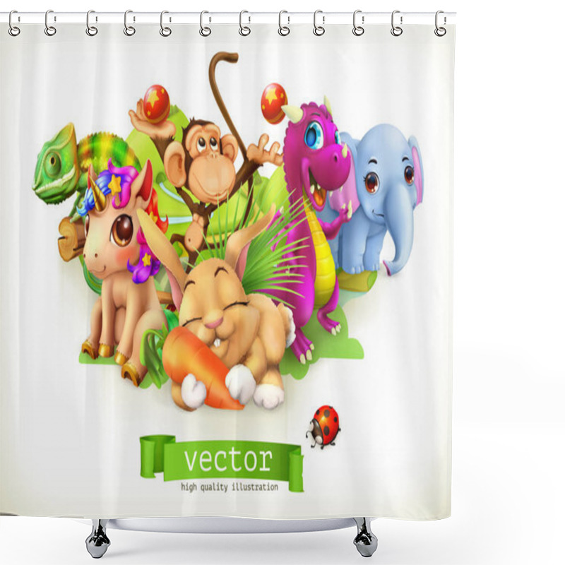 Personality  Fairy Tale Animals. Happy Bunny, Rabbit, Cute Unicorn, Small Dragon, Baby Elephant, Monkey, Chameleon. 3d Vector Shower Curtains