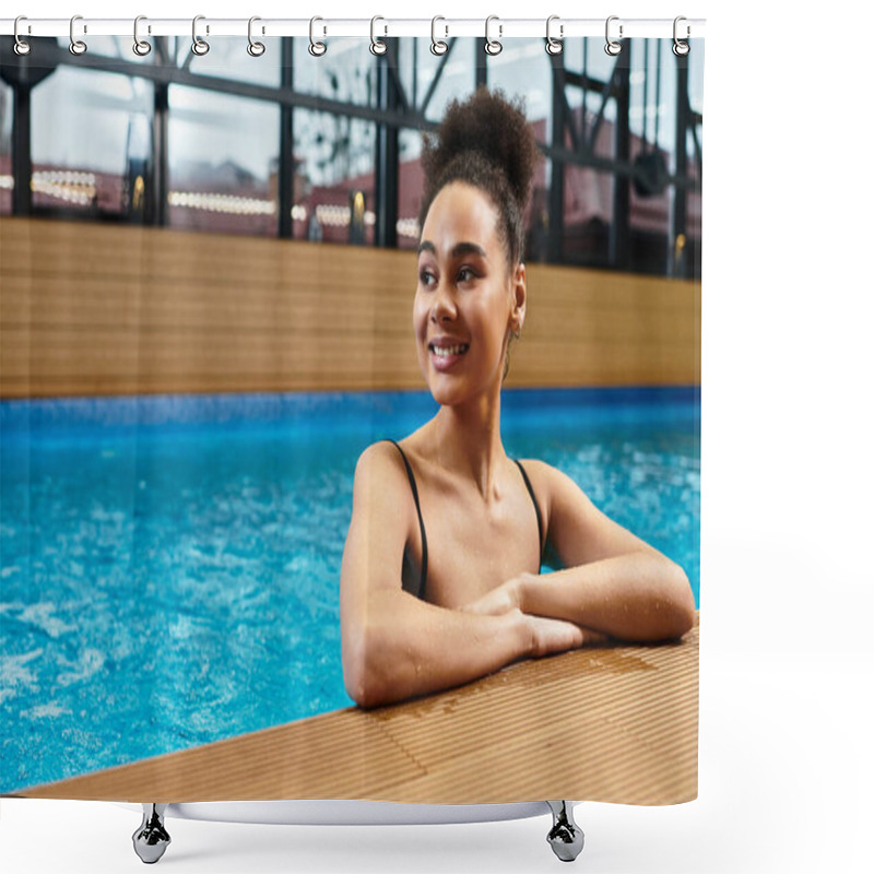 Personality  Young African American Woman Enjoying Peaceful Moments By The Pool, Radiating Joy And Tranquility. Shower Curtains