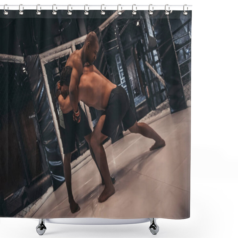 Personality  Two Men In Boxing Gloves And Shorts Are Fighting In Cage Using Grappling Technique Shower Curtains