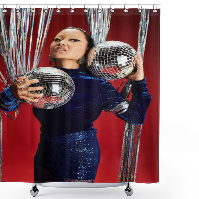 Personality  She Showcases Elegance And Flair While Holding Sparkling Disco Balls, Exuding Confidence And Style. Shower Curtains