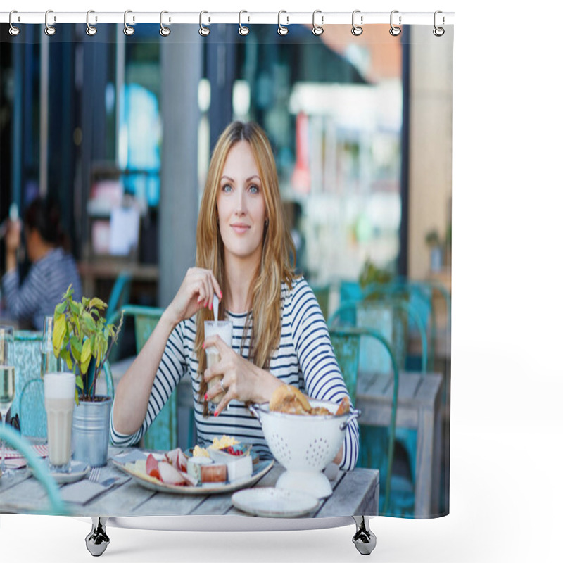 Personality  Young Woman Having Healthy Breakfast In Outdoor Cafe Shower Curtains