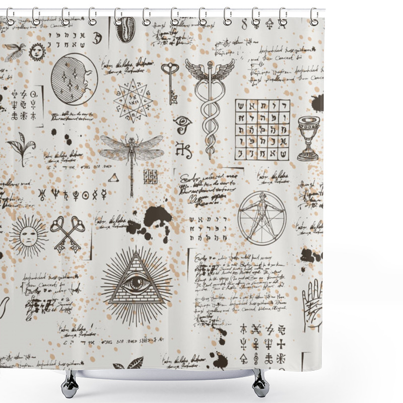 Personality  Vector Seamless Background On The Theme Of Mysticism, Magic, Religion And The Occultism With Various Esoteric And Masonic Symbols. Medieval Manuscript With Sketches, Blots And Spots In Retro Style Shower Curtains