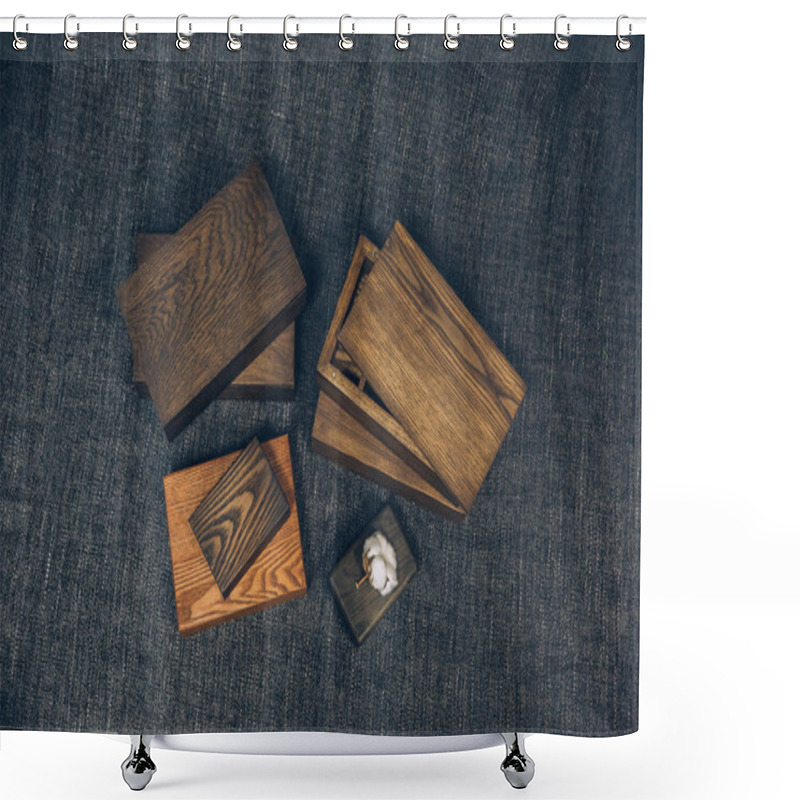 Personality  Gorizontal Photo Of Wooden Boxes Of Different Size Covered With Dark Paint In Different Colors Shower Curtains