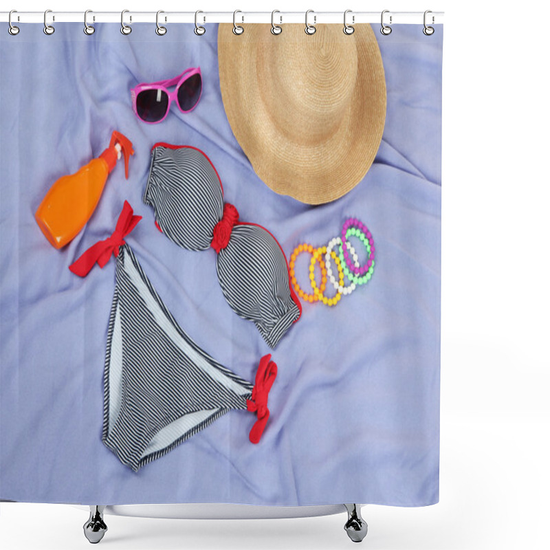 Personality  Swimsuit And Beach Items On Purple Background Shower Curtains