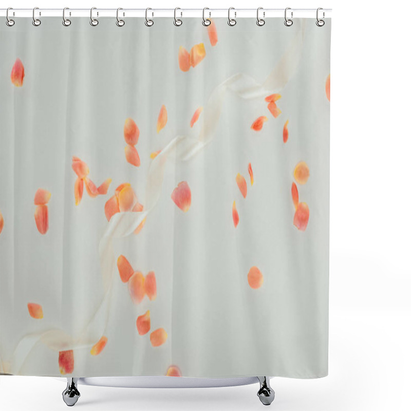 Personality  Top View Of Beautiful Elegant Rose Petals And Ribbon On Grey Background Shower Curtains