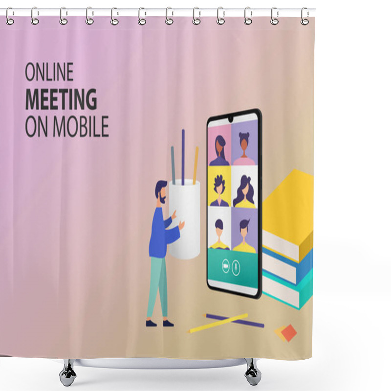 Personality  Digital Meeting Teleconference Online Internet On Phone, Mobile Website Background. Social Distance Concept. Decor By Book Pencil Vector Illustration. Shower Curtains