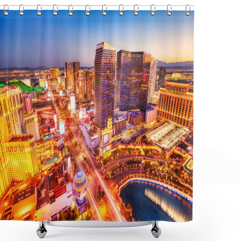 Personality  LAS VEGAS, USA - APRIL 20: Strip Aerial View At Sunset With New The Cosmopolitan And Aria Hotels On April 20, 2023 In Las Vegas, USA. Las Vegas Is One Of The Top Tourist Destinations In The World    Shower Curtains