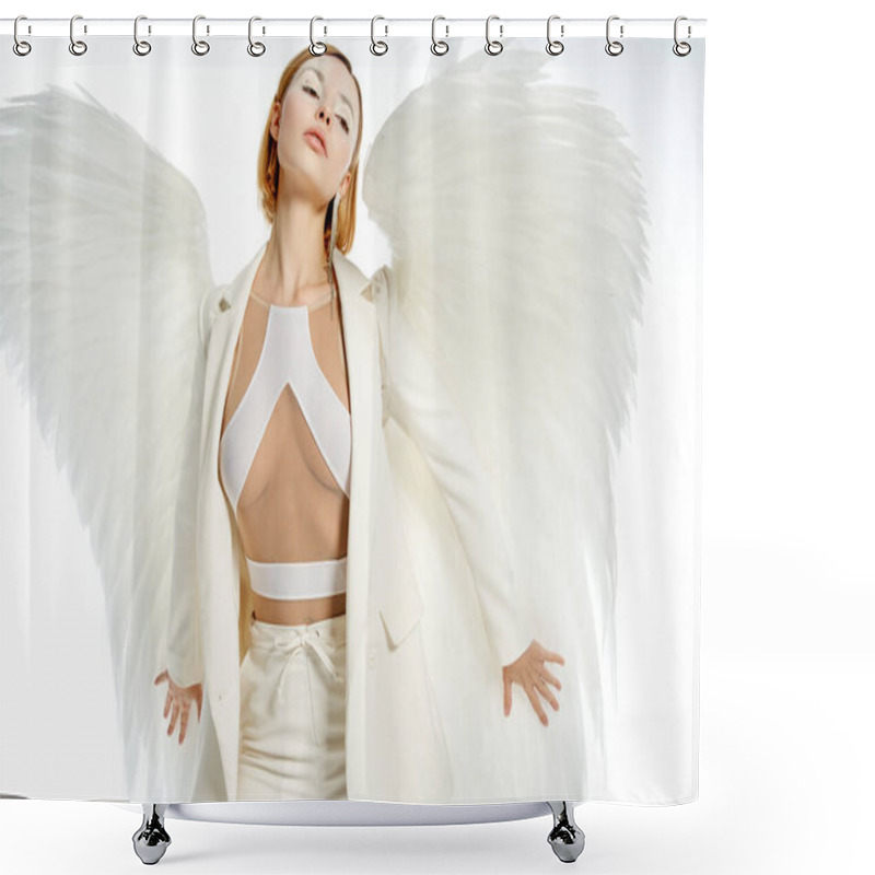 Personality  Charming Woman In Halloween Costume With Angelic Wings Posing On White, Purity And Serenity Shower Curtains