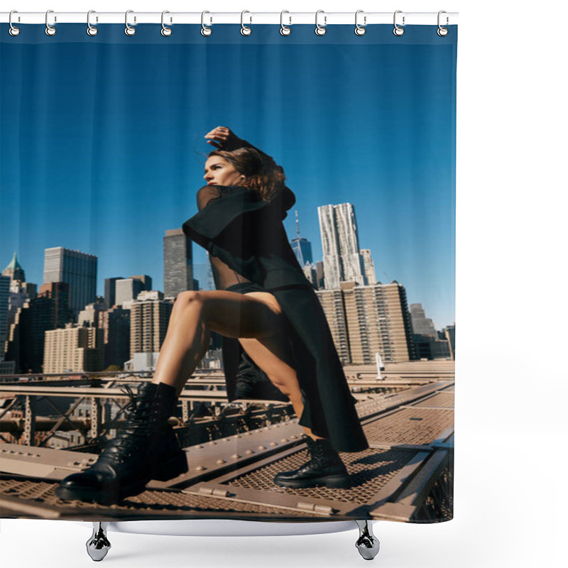 Personality  Woman In Black Clothing Dances On Brooklyn Bridge Against NYC Skyline. Shower Curtains