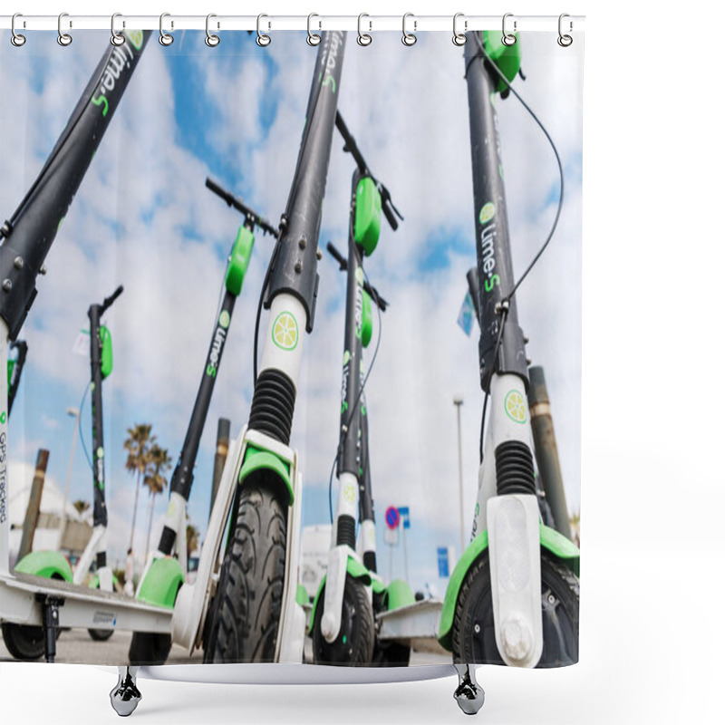 Personality  Valencia, Spain - April 29, 2019: Group Of Electric Scooters For Shower Curtains