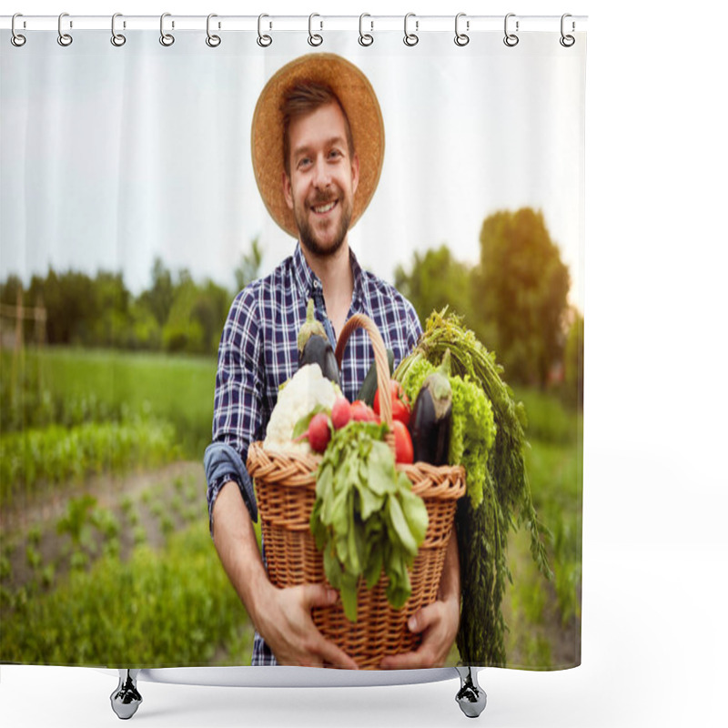 Personality  Farmer With Freshly Picked Vegetables In Basket Shower Curtains