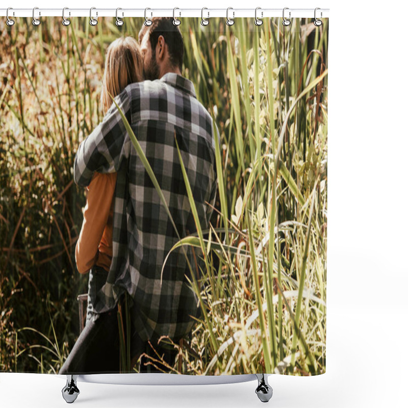 Personality  Back View Of Man In Plaid Shirt Embracing Girlfriend In Thicket Of Sedge  Shower Curtains