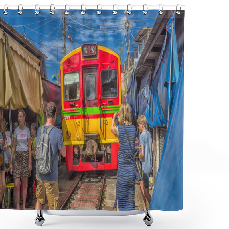 Personality  Tourists Take Photo At The Train Running Through The Most Popula Shower Curtains