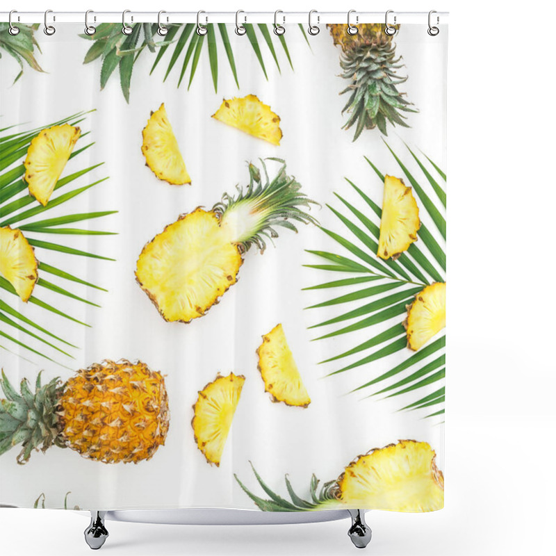 Personality  Food Pattern Of Pineapple Fruits And Palm Leaves On White Background. Flat Lay, Top View. Tropical Concept. Shower Curtains