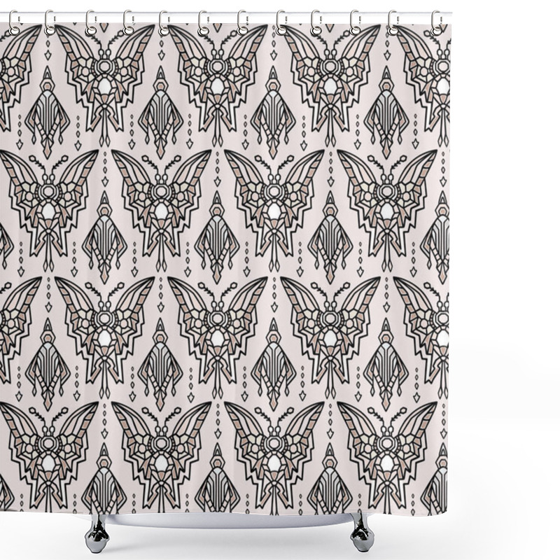 Personality  Vintage Art Deco Butterfly Vector Seamless Pattern. Stylised 1920s Style Geometric Moth Bug Damask Background. Hand Drawn Ornate Classic Wings Textile. Ornamental Flourish All Over Print Eps 10 Shower Curtains