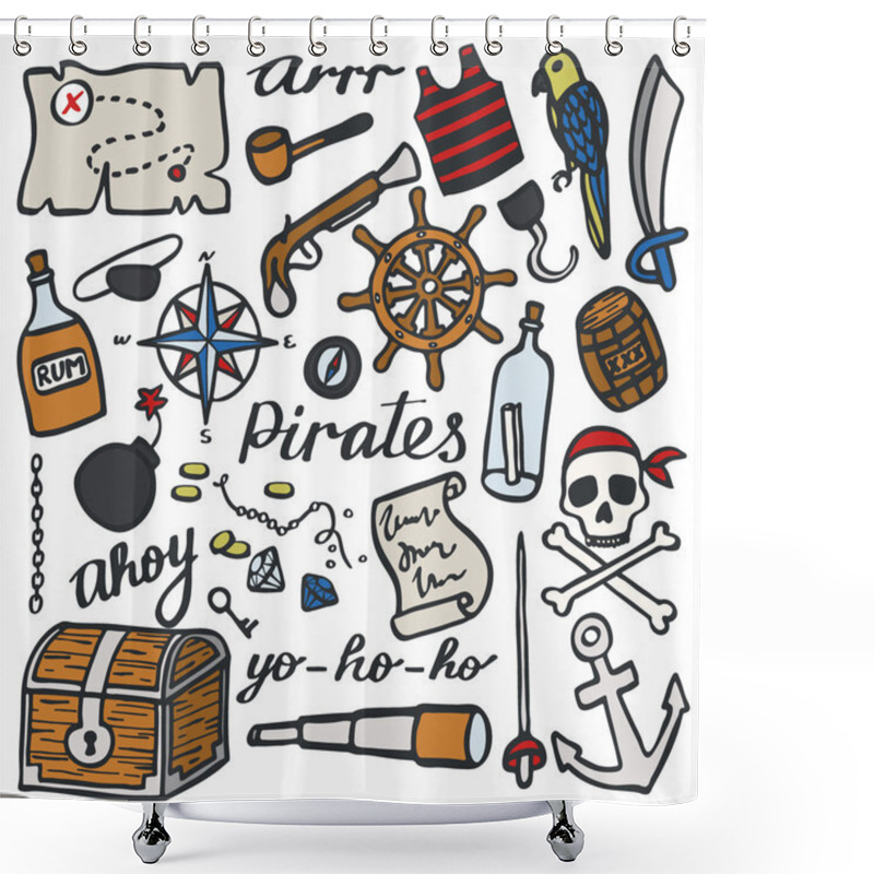 Personality  Pirate Set, Sea And Treasures. Hand-drawn Cartoon Collection. Doodle Drawing. Shower Curtains