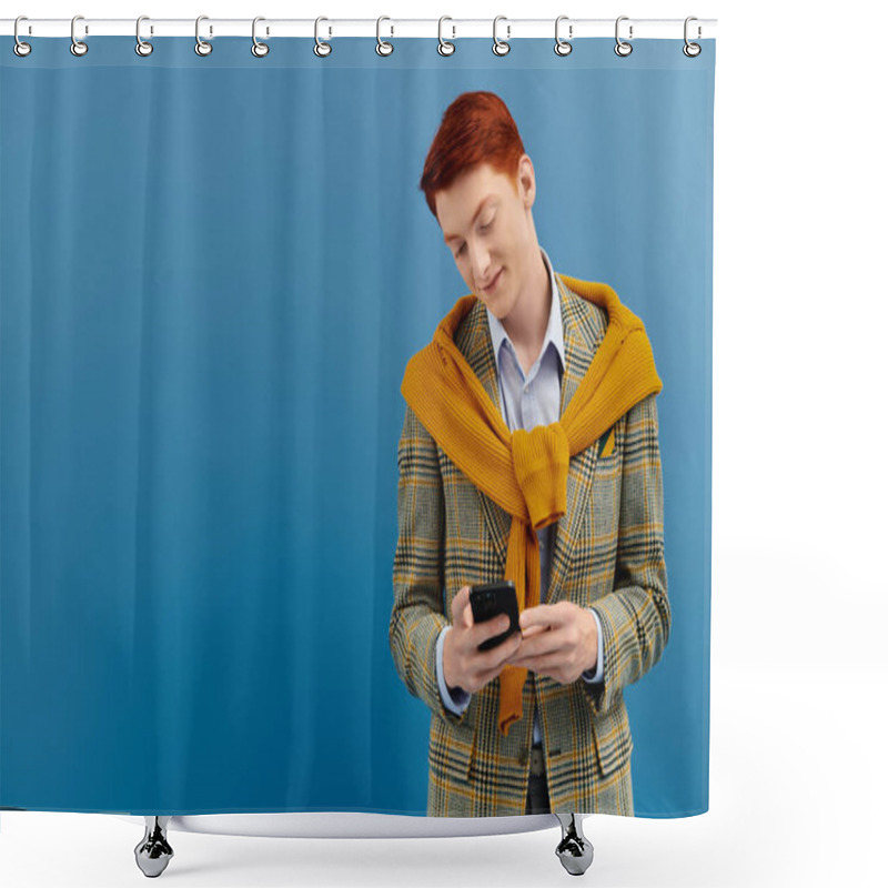 Personality  The Stylish Man, Adorned In A Layered Winter Outfit, Engages With His Phone In A Chic Studio Space. Shower Curtains