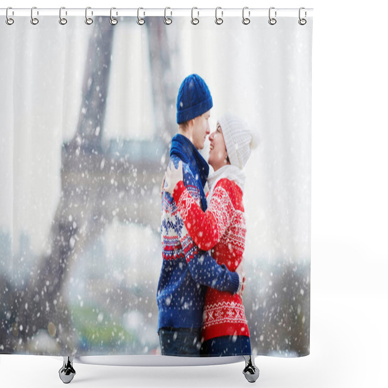 Personality  Happy Couple Near The Eiffel Tower On A Winter Day Under The Falling Snow. Trip To Paris During Season Holidays Shower Curtains