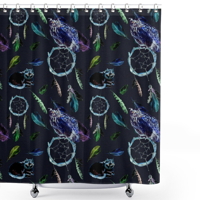 Personality  Feathers, Owl, Cat, Dreamcatcher, Black Background. Repeating Pattern Shower Curtains