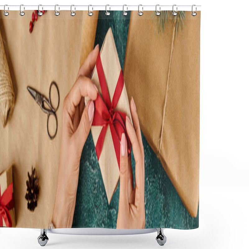 Personality  Woman Tying Red Bow On Present Near Craft Paper And Christmas Decor Supplies, Horizontal Banner Shower Curtains