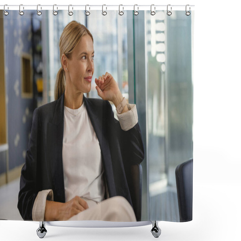 Personality  Pretty Stylish Businesswoman Sitting In Modern Office And Looks Away. High Quality Photo Shower Curtains