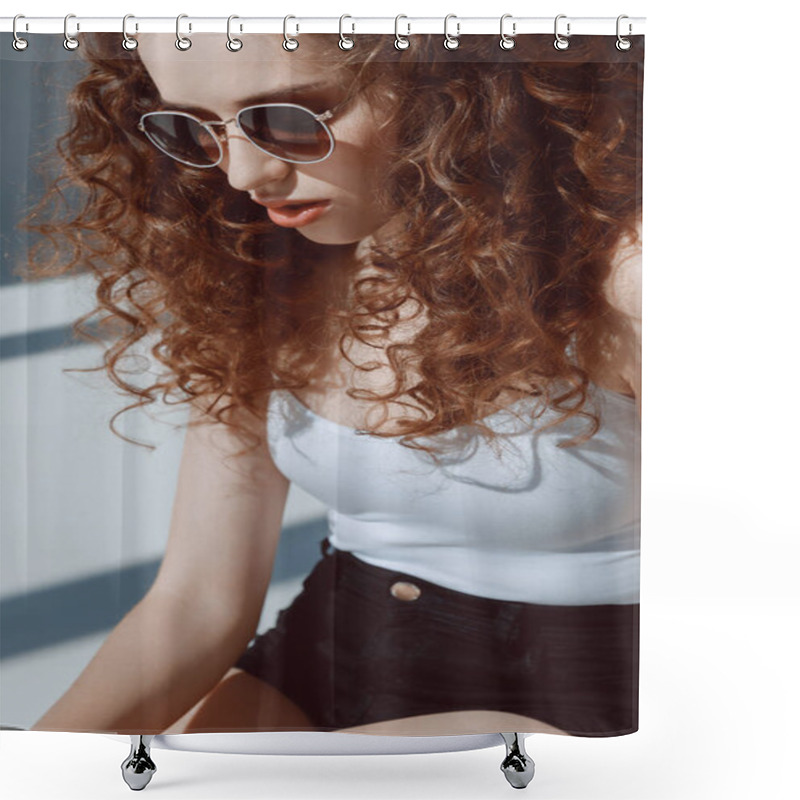 Personality  Red Hair Stylish Girl In Sunglasses Shower Curtains