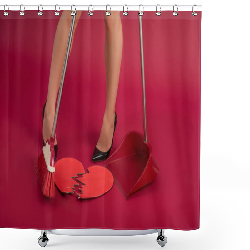 Personality  Partial View Of Sexy Girl In High Heeled Shoes Sweeping Broken Paper Heart With Broom And Scoop On Red Background Shower Curtains