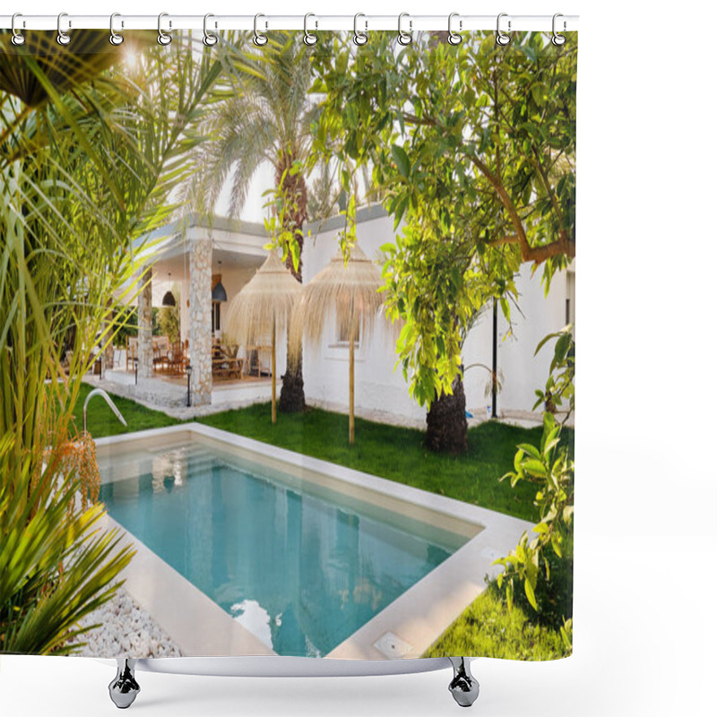 Personality  Inner Garden With Private Swimming Pool Straw Parasol Beautiful Luxury Wealthy Residential Summer Villa, Sunny Day, No People. Spain Shower Curtains