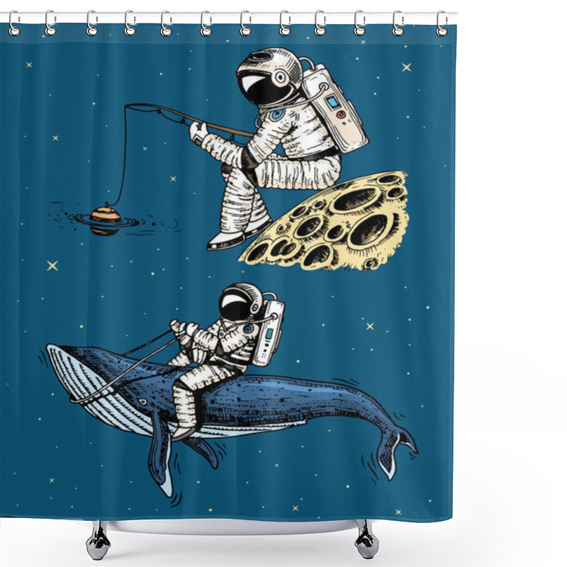 Personality  Astronaut Spaceman With A Fishing Rod On The Moon. Astronomical Galaxy Space. Funny Cosmonaut Explore Adventure. Engraved Hand Drawn In Old Sketch. Blue Whale Among The Planets In Solar System Shower Curtains