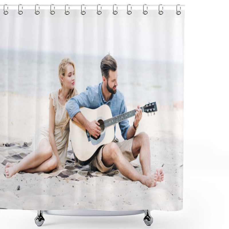 Personality  Beautiful Young Barefoot Woman Sitting On Blanket With Boyfriend Playing Acoustic Guitar At Beach Near Sea Shower Curtains