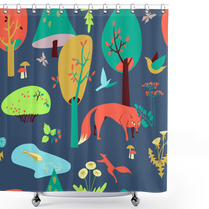 Personality  Eco-house In The Forest And Its Inhabitants. Seamless Pattern Shower Curtains