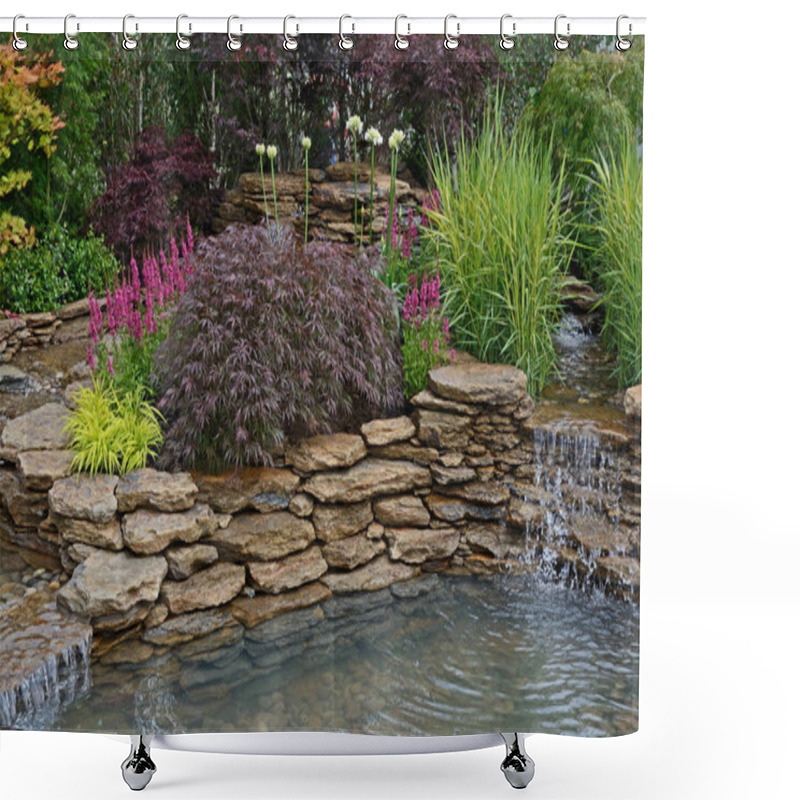 Personality  The Pond Area In An Aquatic Garden And Planted Rockery  Shower Curtains