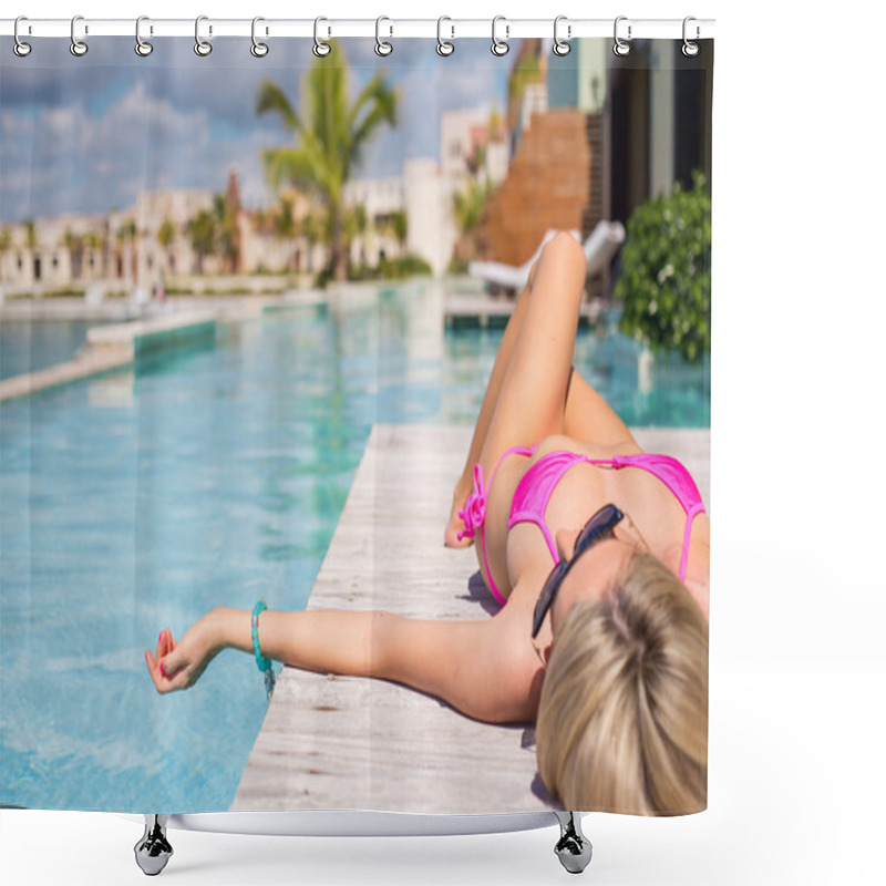 Personality  Woman In Pink Bikini Relaxing By The Pool Shower Curtains