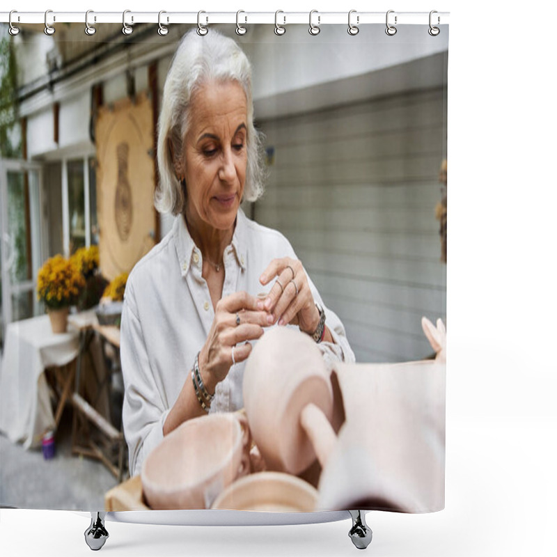 Personality  A Beautiful Mature Woman Carefully Crafts Pottery In A Vibrant Artisan Setting Surrounded By Nature. Shower Curtains