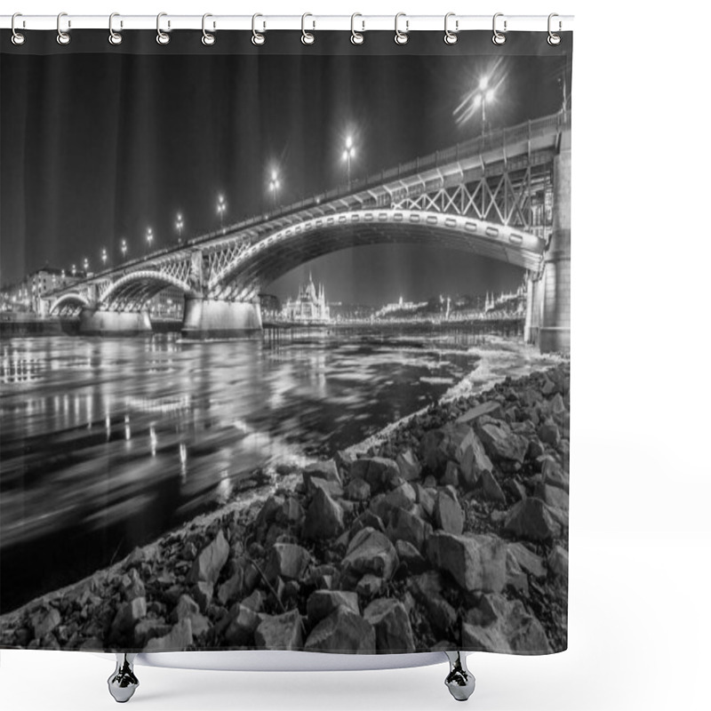 Personality  Chain Bridge In Budapest With The Parliament At Night In Black And White Shower Curtains