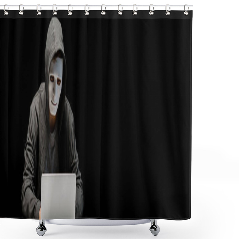 Personality  Panoramic Shot Of Anonymous Internet Troll In Mask Typing On Laptop Keyboard Isolated On Black Shower Curtains