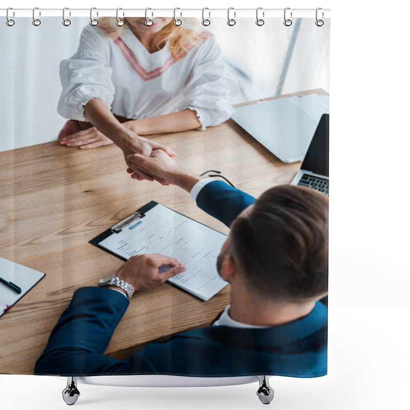 Personality  Overhead View Of Recruiter And Happy Employee Shaking Hands In Office   Shower Curtains