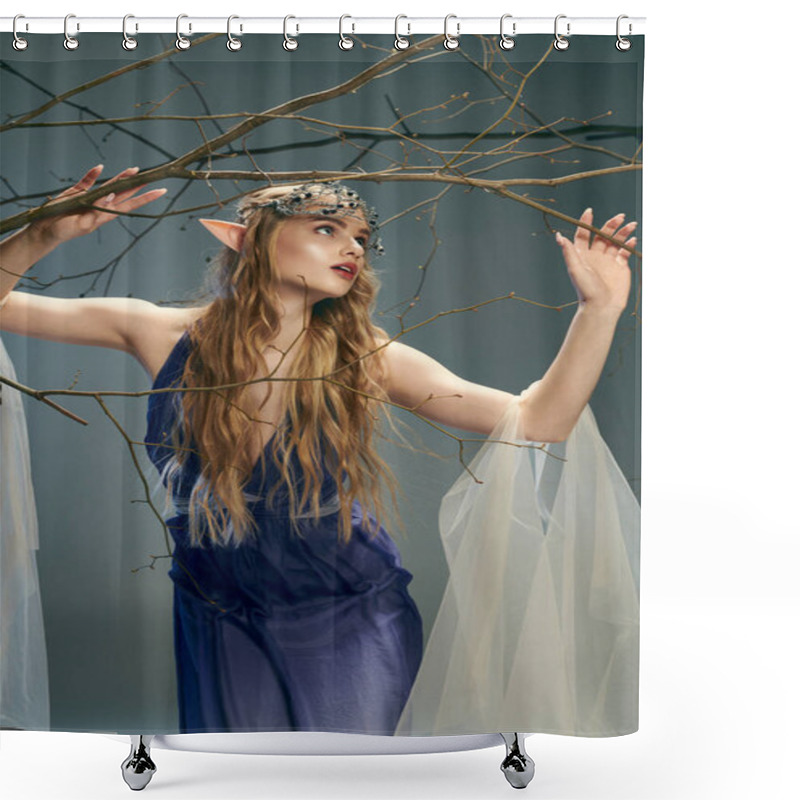 Personality  A Young Woman In A Blue Dress Graciously Holding A Tree Branch, Embodying The Essence Of A Fairy Princess In A Mystical Setting. Shower Curtains