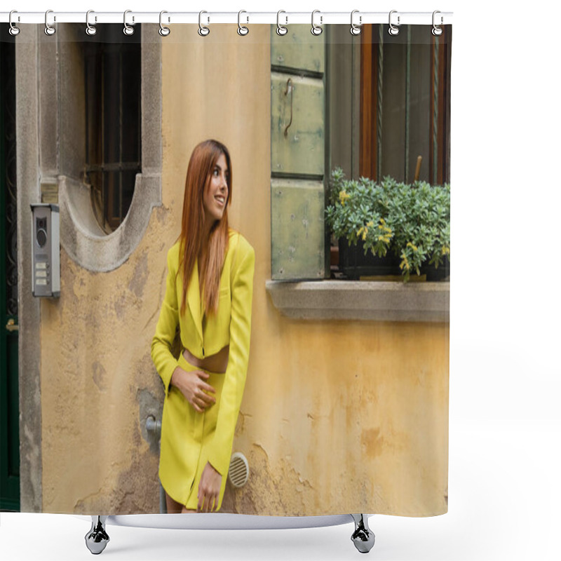 Personality  Cheerful Woman In Yellow Suit Looking Near Window Decorated With Potted Flowers In Venice Shower Curtains