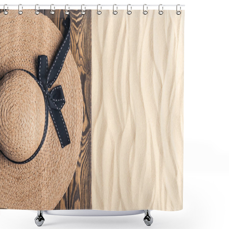 Personality  Straw Hat On Wooden Pier On Sandy Beach Shower Curtains