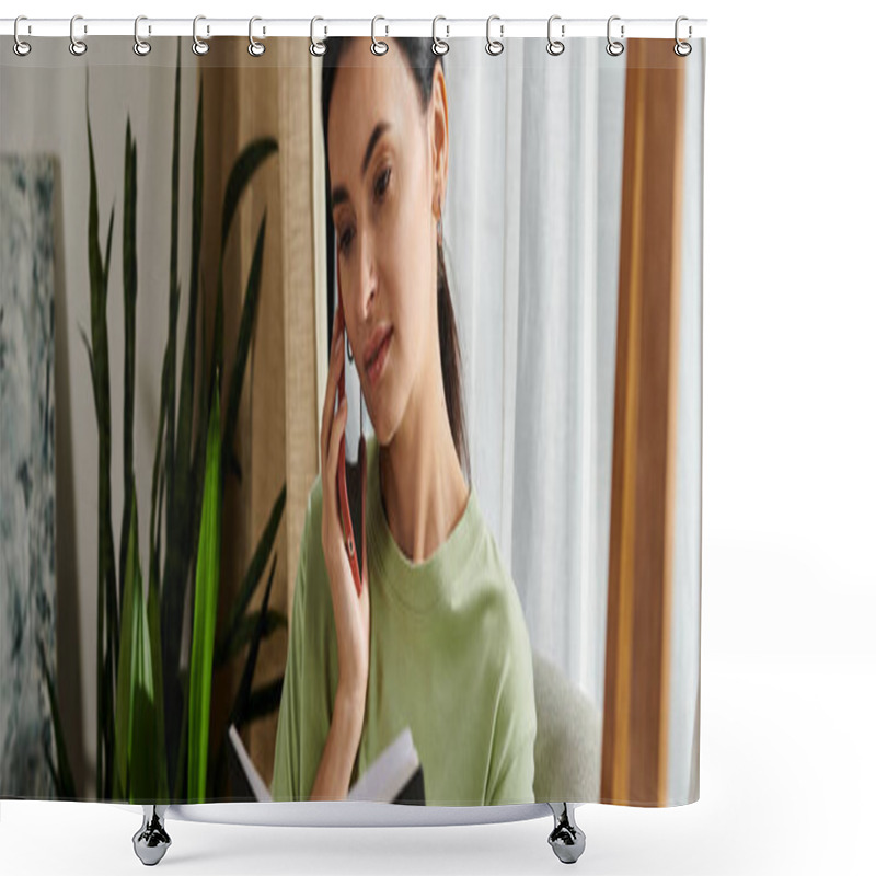 Personality  Woman Talking On Cell Phone While Holding A Book. Shower Curtains