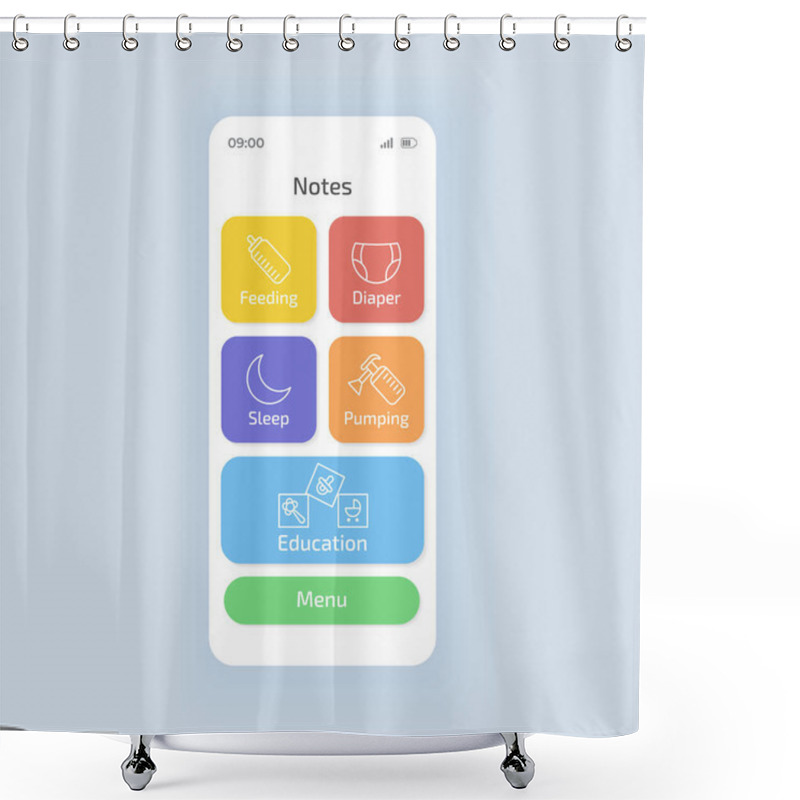 Personality  Baby Tracking Smartphone Interface Vector Template. Mobile App Page White Theme Design Layout. Newborn Diaper Change, Feeding Time Schedule Application Screen. Flat UI For Application. Phone Display Shower Curtains