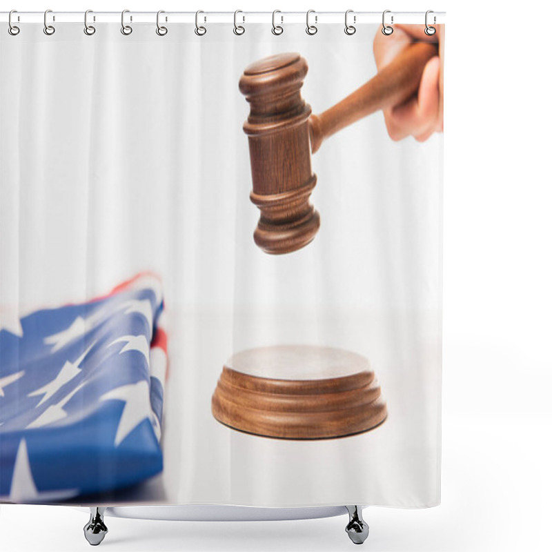 Personality  Cropped View Of Judge Holding Gavel Near American Flag On White  Shower Curtains