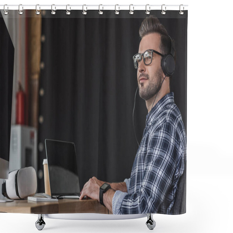 Personality  Smiling Young Man In Eyeglasses And Headphones Working With Laptop Shower Curtains