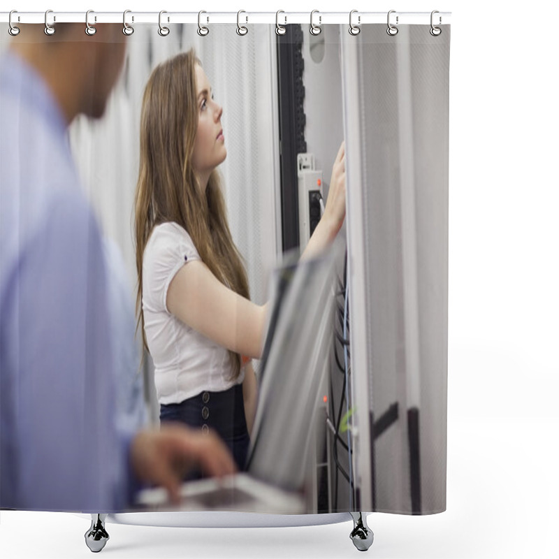 Personality  Technicians Working On Servers With Laptop Shower Curtains