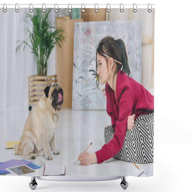 Personality  Pretty Lady Working On Illustration And Looking At Cute Pug Dog Shower Curtains